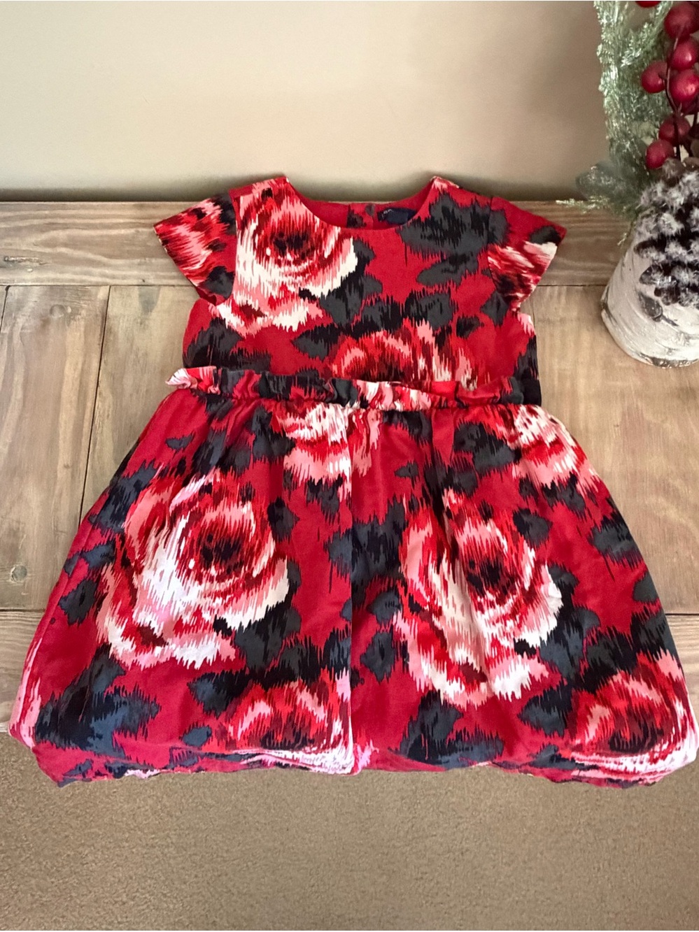 GAP Red Floral Roses Ruffle Waist Detail Holiday Dress ✨